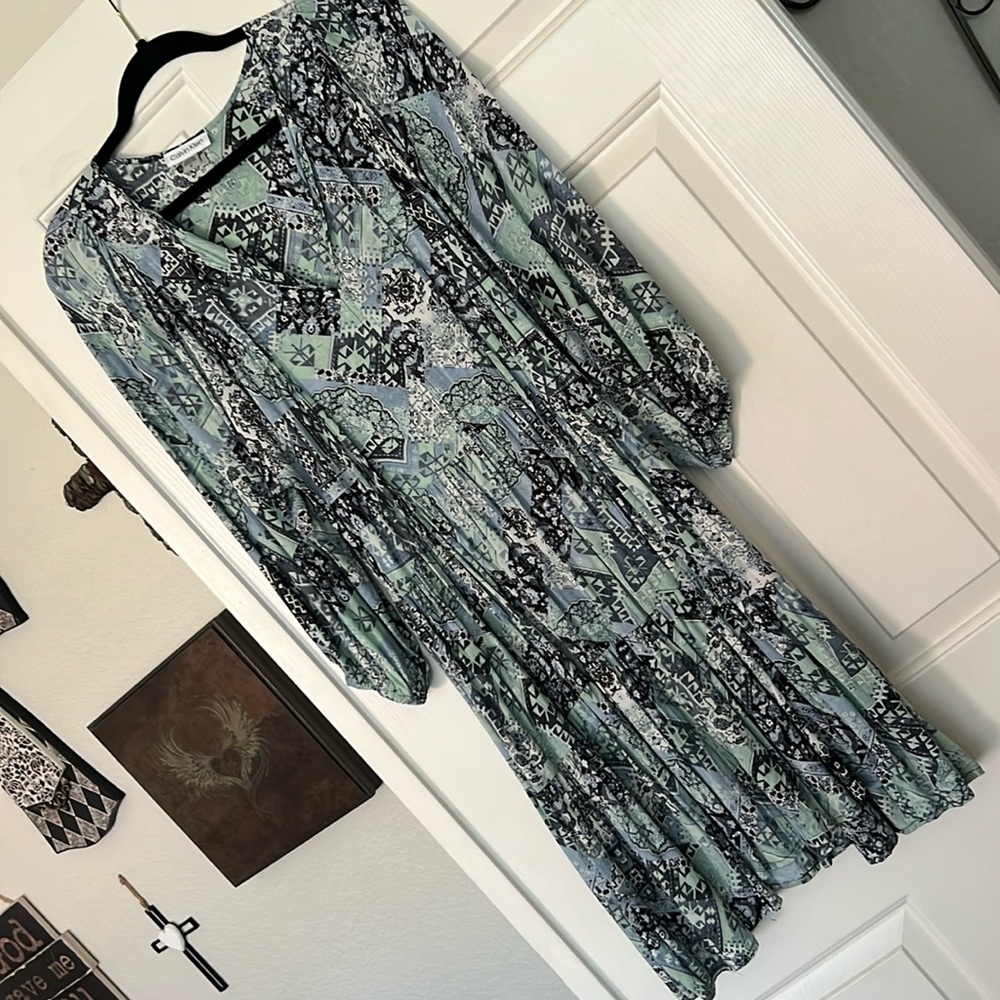 Calvin Klein Mint Green and Black Patterned Midi Dress